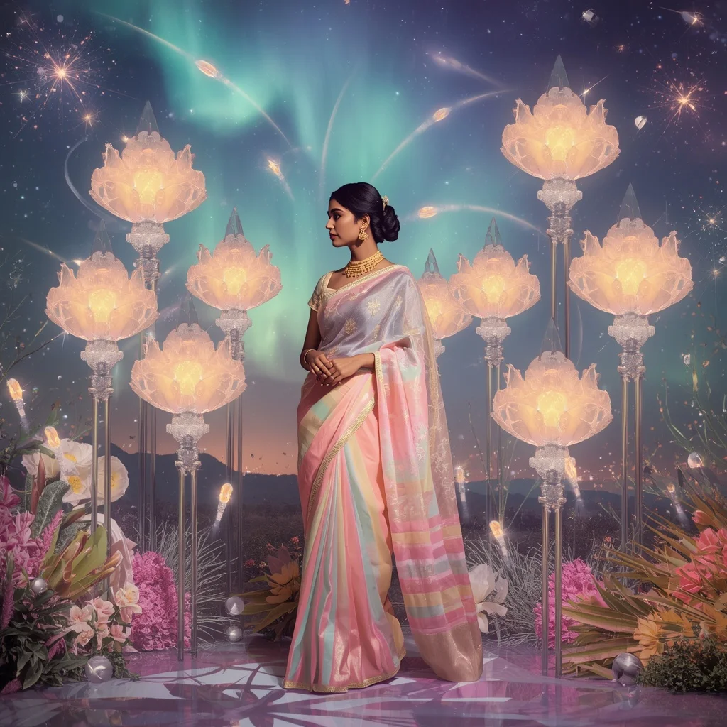 Festive Pastel Saree Crystal Aurora Comet Garden Collage Luxury | Prompt Seen Trending Girl 2026 Instagram