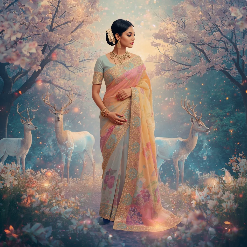 Festive Pastel Saree Crystal Aurora Deer Kingdom Collage Premium Masterpiece | 3d Animation Ai Prompt