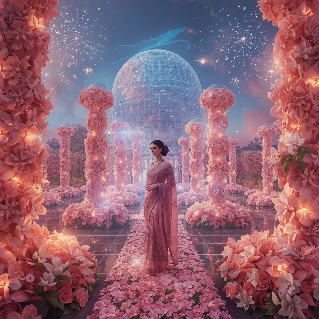 Festive Pastel Saree Crystal Aurora Floral Observatory Collage Luxury | Gemini Photo Prompt
