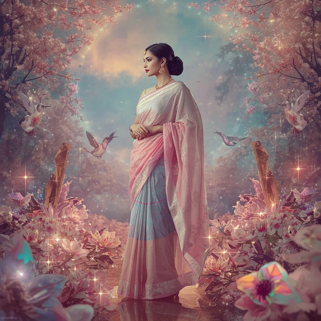 Festive Pastel Saree Crystal Aurora Hummingbird Kingdom Collage Premium Masterpiece | Prompt Seen Trending Girl 2026 Instagram