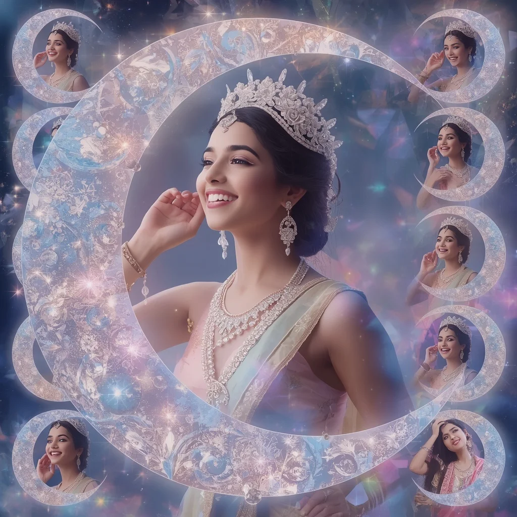 Festive Pastel Saree Crystal Aurora Moon Crown Collage Premium | Instagram Influencer Ai Prompt