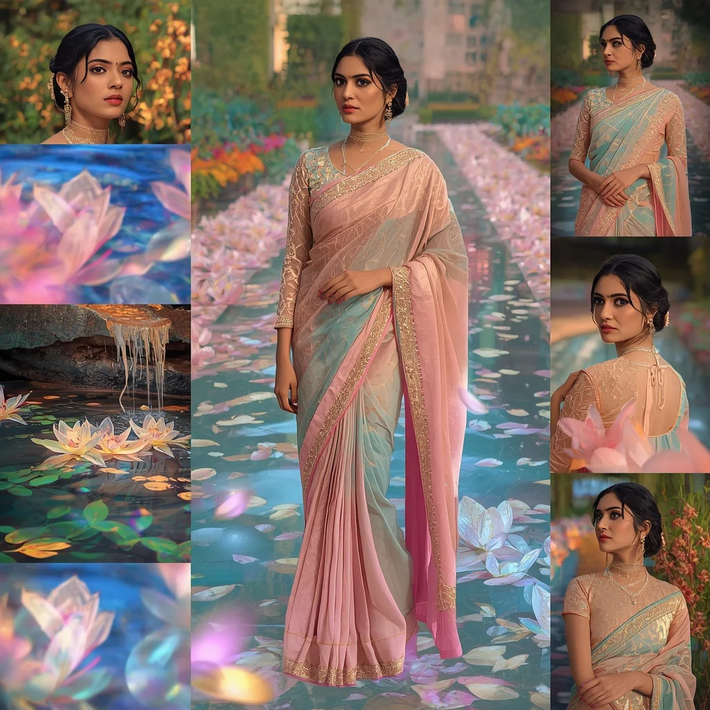 Festive Pastel Saree Crystal Aurora Petal Water Garden Collage Luxury Fashion | Gemini Photo Prompt