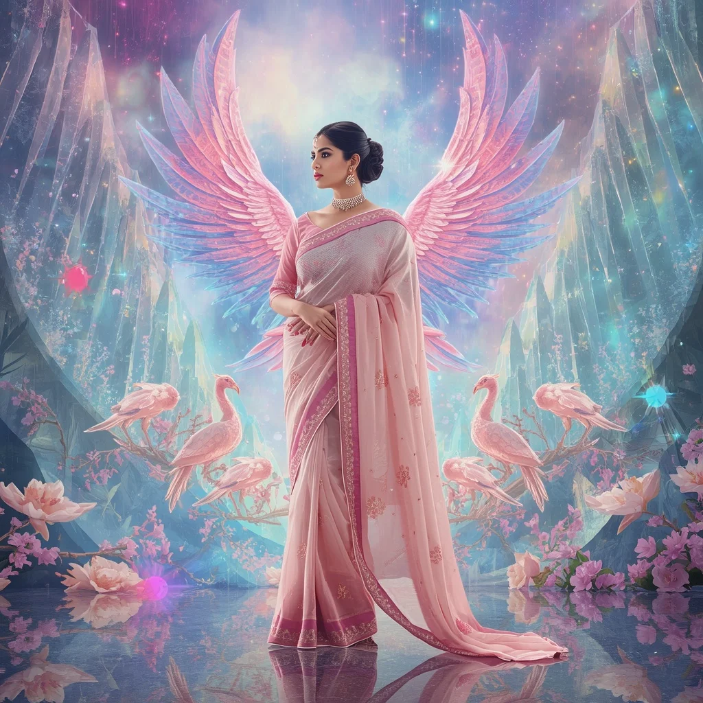 Festive Pastel Saree Crystal Aurora Phoenix Queen Realm Collage Premium Masterpiece | Gemini Ai Prompt