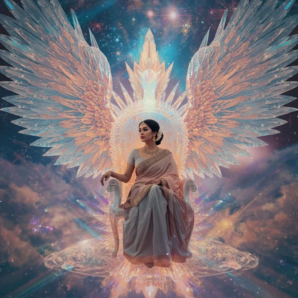 Festive Pastel Saree Crystal Aurora Phoenix Throne Kingdom Luxury Collage | Google Prompt