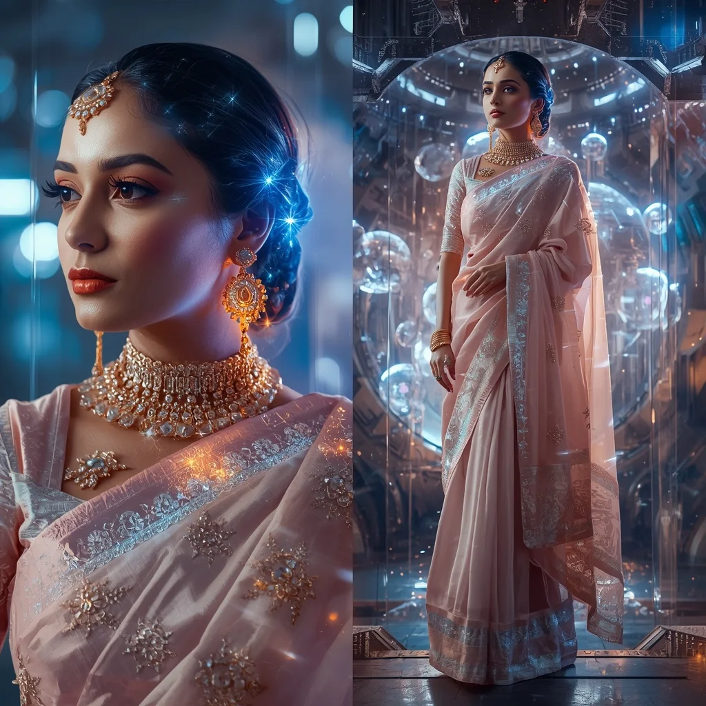 Festive Pastel Saree Crystal Aurora Planet Forge Collage | Realistic Ai Prompt