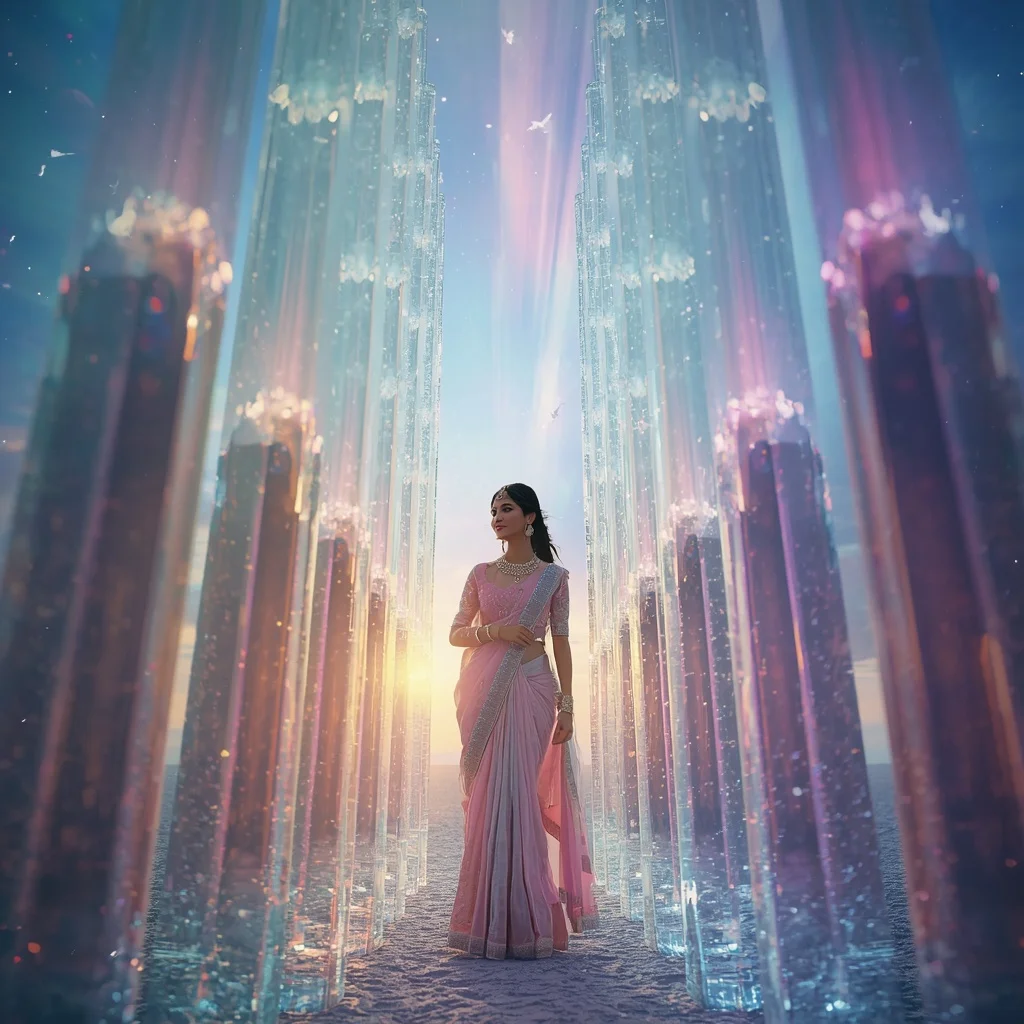 Festive Pastel Saree Crystal Aurora Rainbow Citadel Collage Premium | Prompt For Traditional Look For Girl