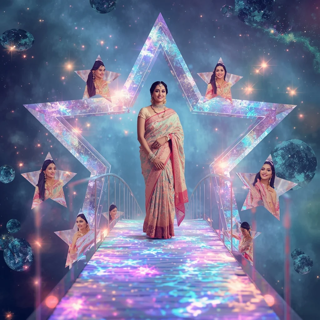 Festive Pastel Saree Crystal Aurora Star Bridge Collage Premium | Indian Girl Ai Prompt