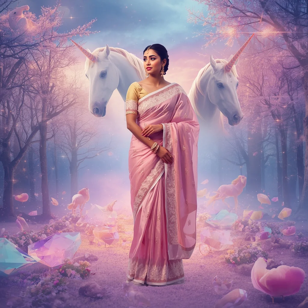 Festive Pastel Saree Crystal Aurora Unicorn Empress Realm Collage Premium Masterpiece | Trending Prompt Girls Instagram