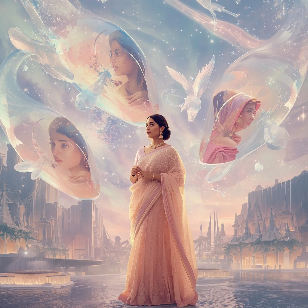 Festive Pastel Saree Crystal Aurora Whale Kingdom Collage Luxury | Gemini Ai Photo