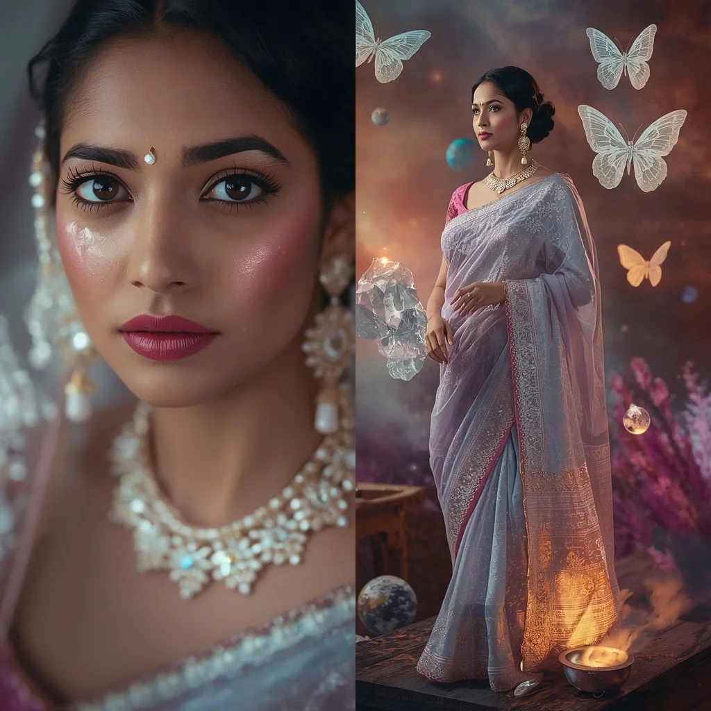 Festive Pastel Saree Crystal Butterfly Planet Forge Collage Prompt | Best Prompt For Ai Image Generator Free