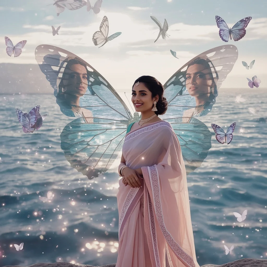 Festive Pastel Saree Crystal Celestial Butterfly Ocean Collage Premium | Gemini AI Photo Prompt Copy Paste Trending Girl 2026