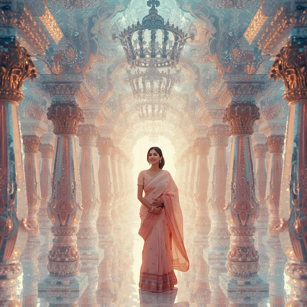 Festive Pastel Saree Crystal Celestial Crown Temple Collage Premium | Image To Prompt