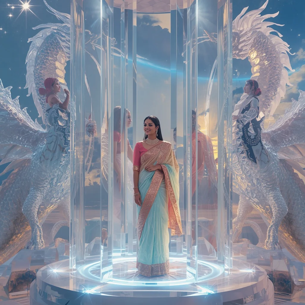 Festive Pastel Saree Crystal Celestial Dragon Queen Fortress Collage Premium Cinematic | Ai Gemini Prompt