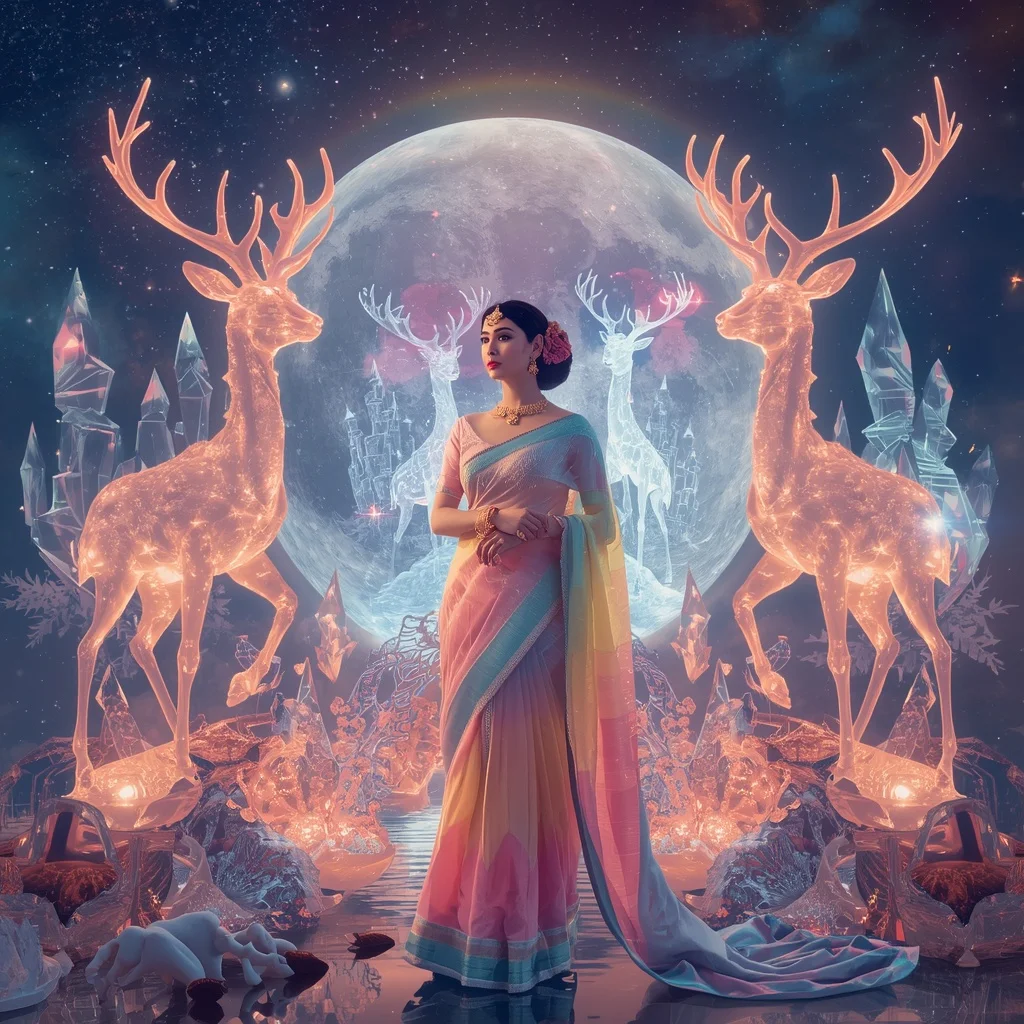 Festive Pastel Saree Crystal Celestial Moon Deer Kingdom Luxury Collage | Prompt Seen Horror Girl