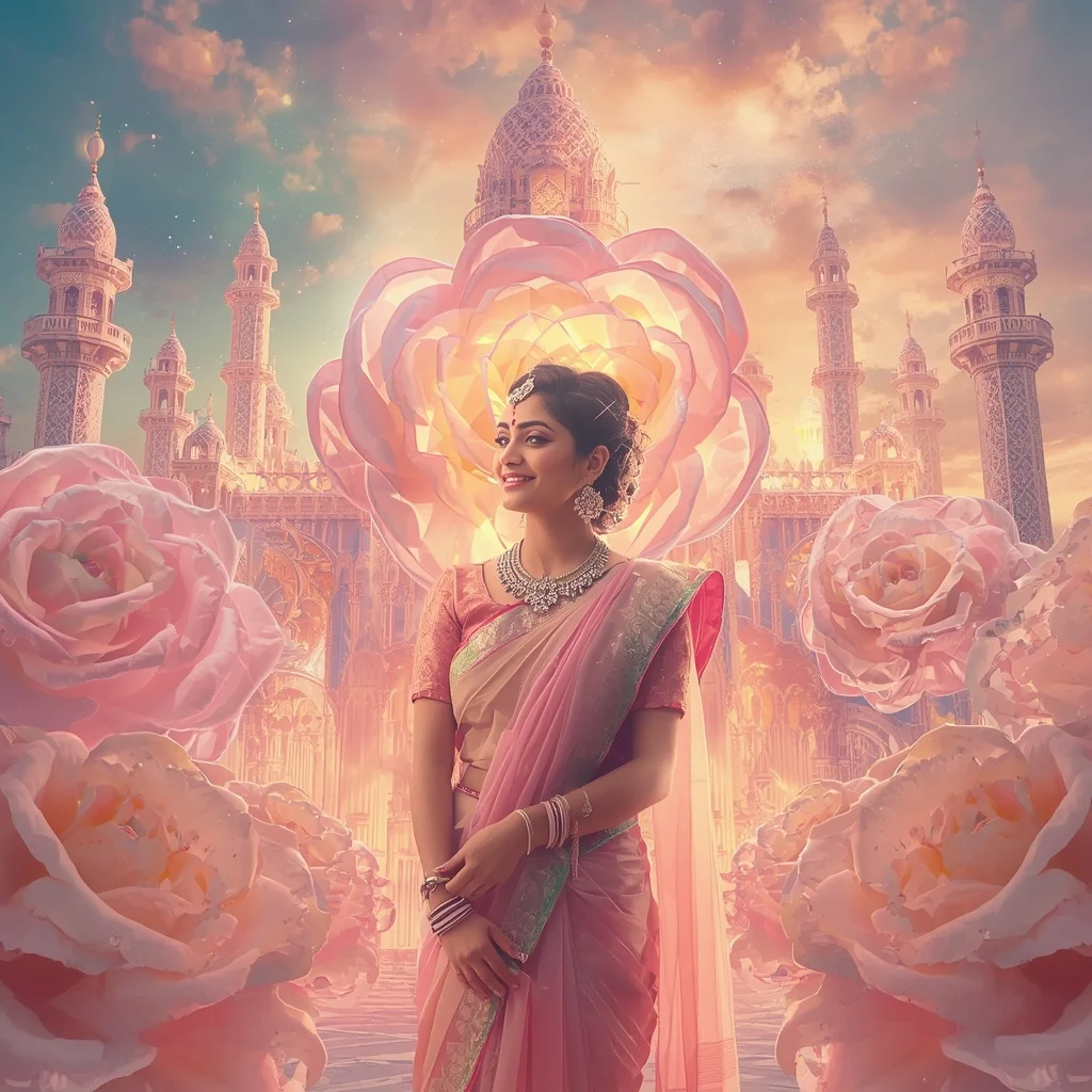 Festive Pastel Saree Crystal Celestial Rose Kingdom Collage Premium | Influencer Ai Prompt