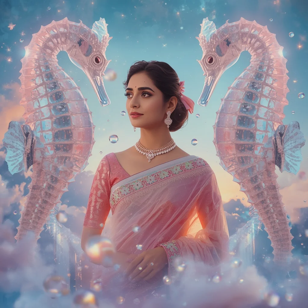 Festive Pastel Saree Crystal Celestial Seahorse Kingdom Collage Premium | Prompt Seen Girl Photo Editing