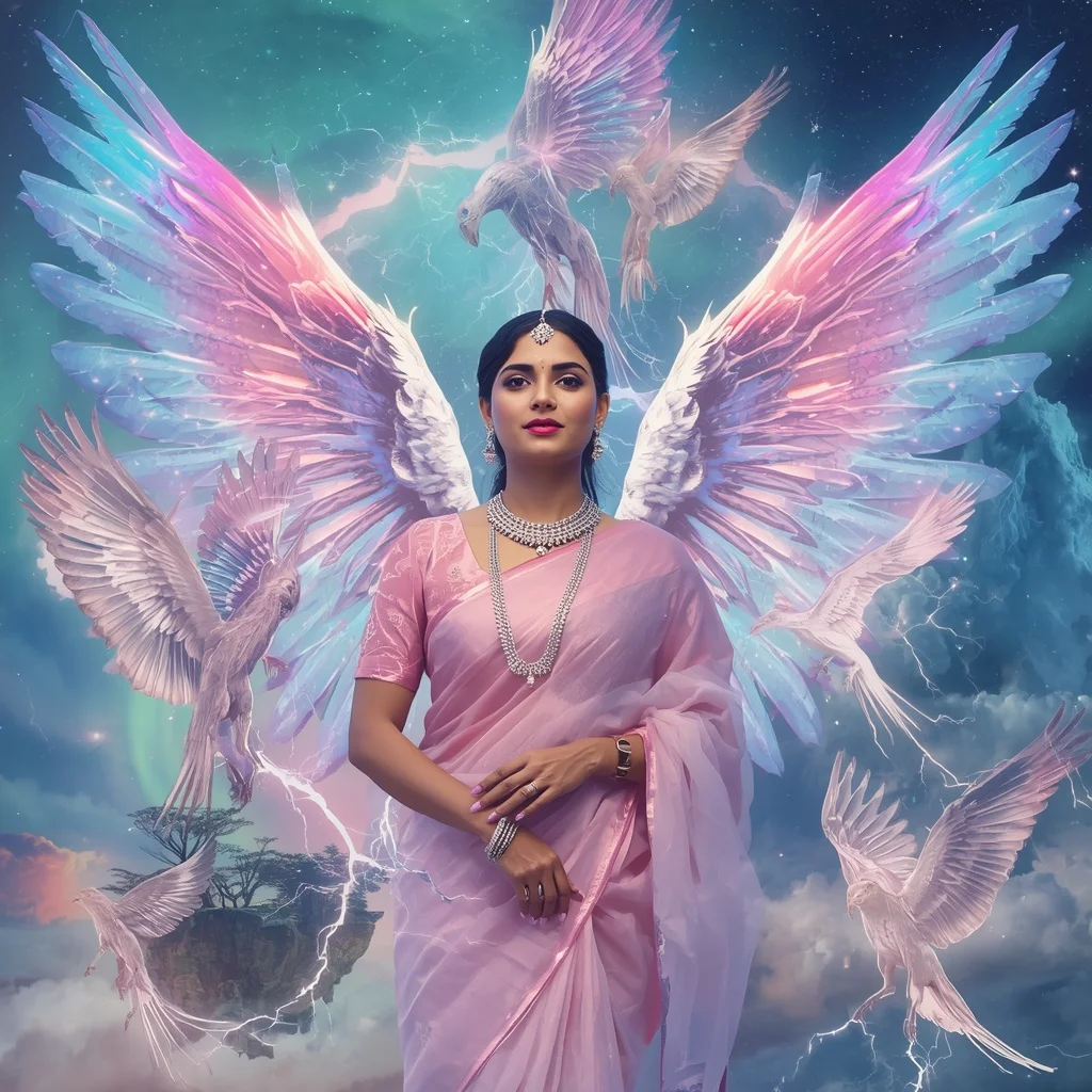 Festive Pastel Saree Crystal Celestial Thunder Phoenix Realm Collage Premium | Ai Selfie Prompt