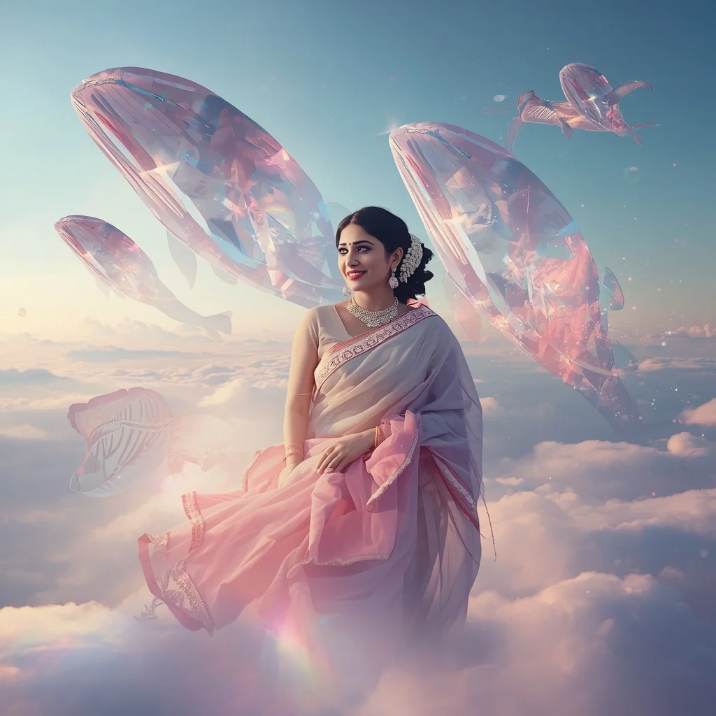 Festive Pastel Saree Crystal Celestial Whale Kingdom Collage Premium | New Instagram Trend Prompt For Girl And Boy