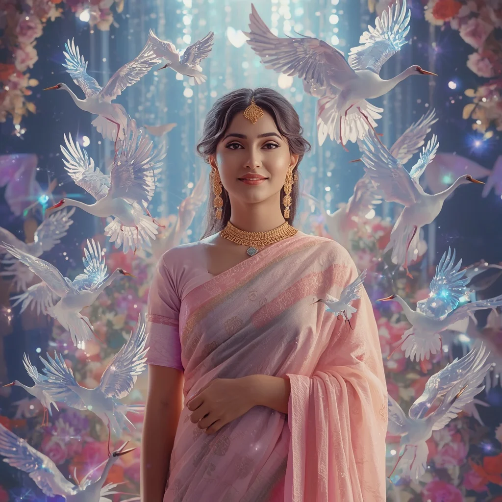 Festive Pastel Saree Crystal Crane Starlight Garden Collage Premium | Fashion Ai Prompt