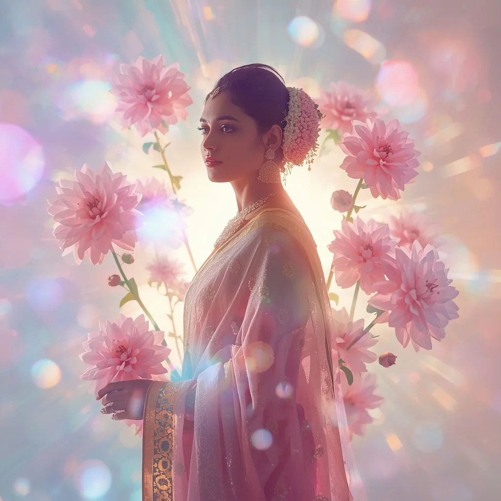 Festive Pastel Saree Crystal Dahlia Light Burst Collage Cinematic | Influencers Ai Prompt