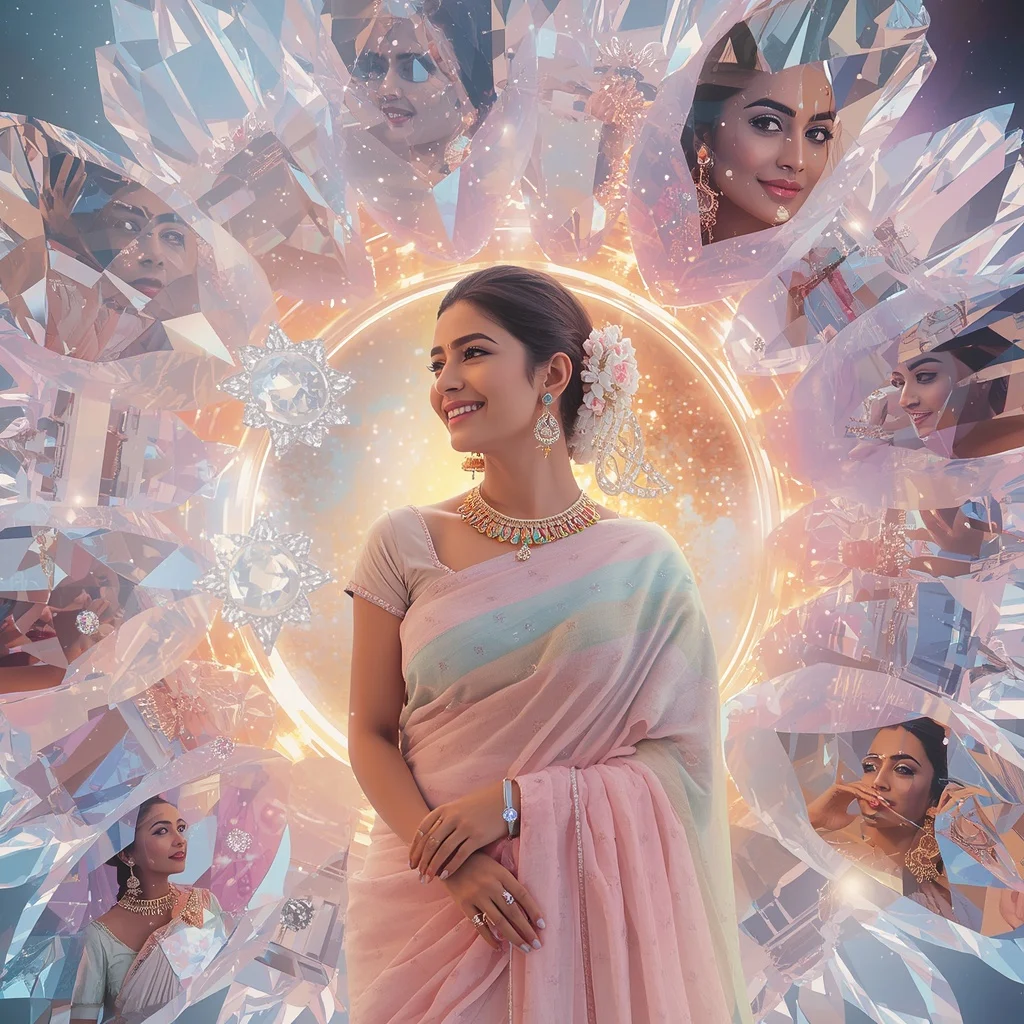 Festive Pastel Saree Crystal Diamond Solar Bloom Collage Premium | Whatsapp Dp Ai Prompt
