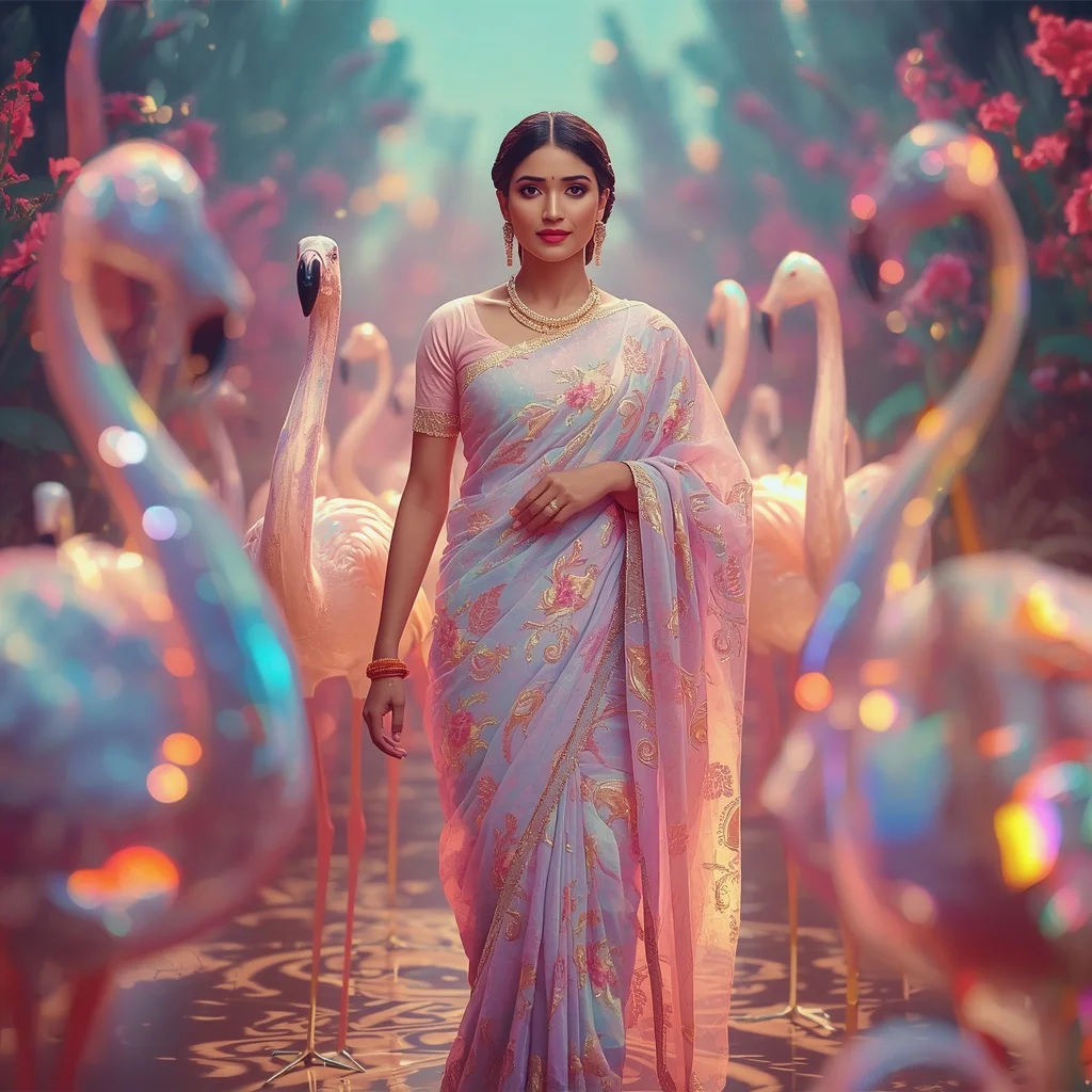 Festive Pastel Saree Crystal Flamingo Nebula Garden Collage Premium | Image Prompt