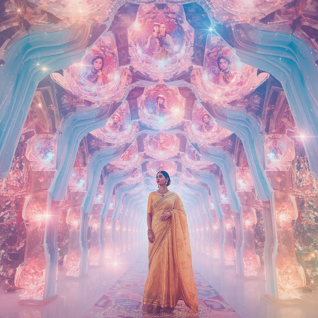 Festive Pastel Saree Crystal Galaxy Blossom Palace Collage Luxury | Copy Paste Ai Prompt