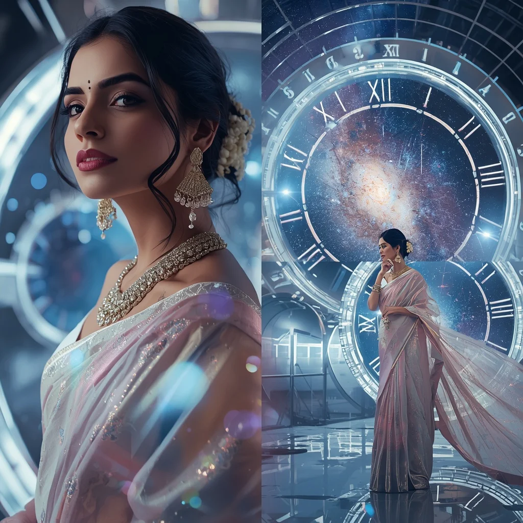 Festive Pastel Saree Crystal Galaxy Clock Observatory Collage | Woman Pose Ai Prompt