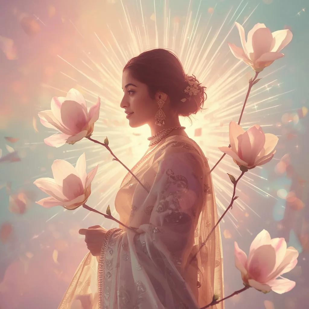 Festive Pastel Saree Crystal Magnolia Light Burst Collage Cinematic | Prompt For Girls Trending