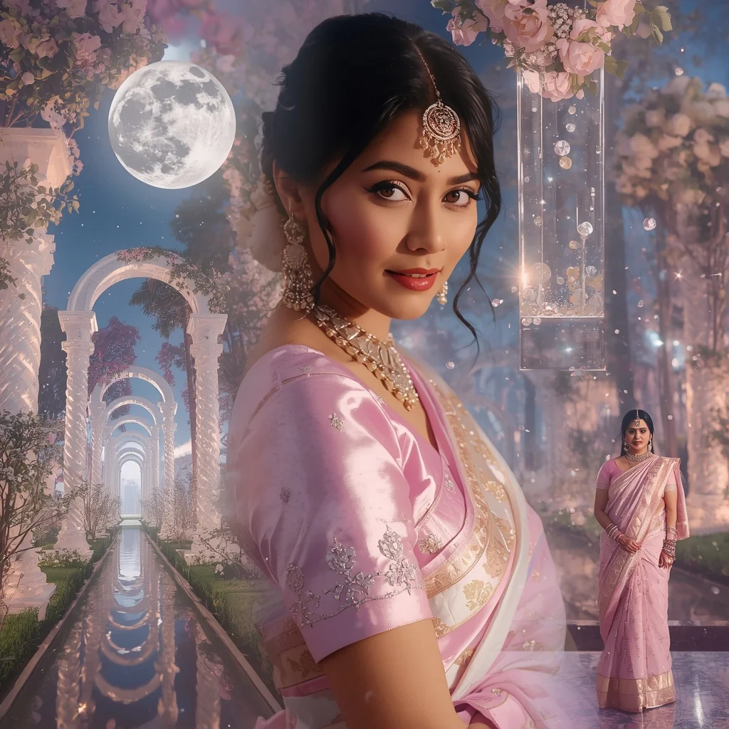 Festive Pastel Saree Crystal Moonlight Palace Garden Collage Premium Cinematic | Influencers Ai Prompt