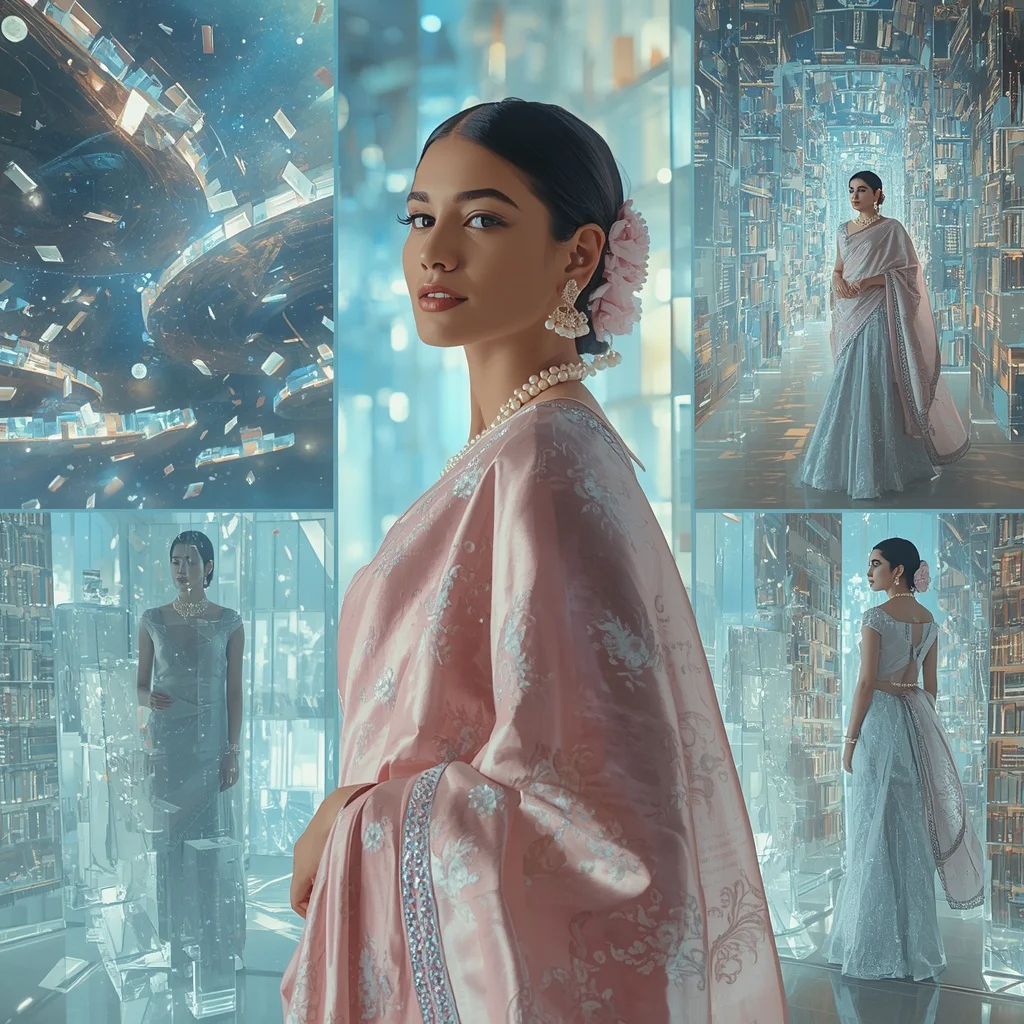 Festive Pastel Saree Crystal Orbit Library Universe Collage | Prompt Engineering