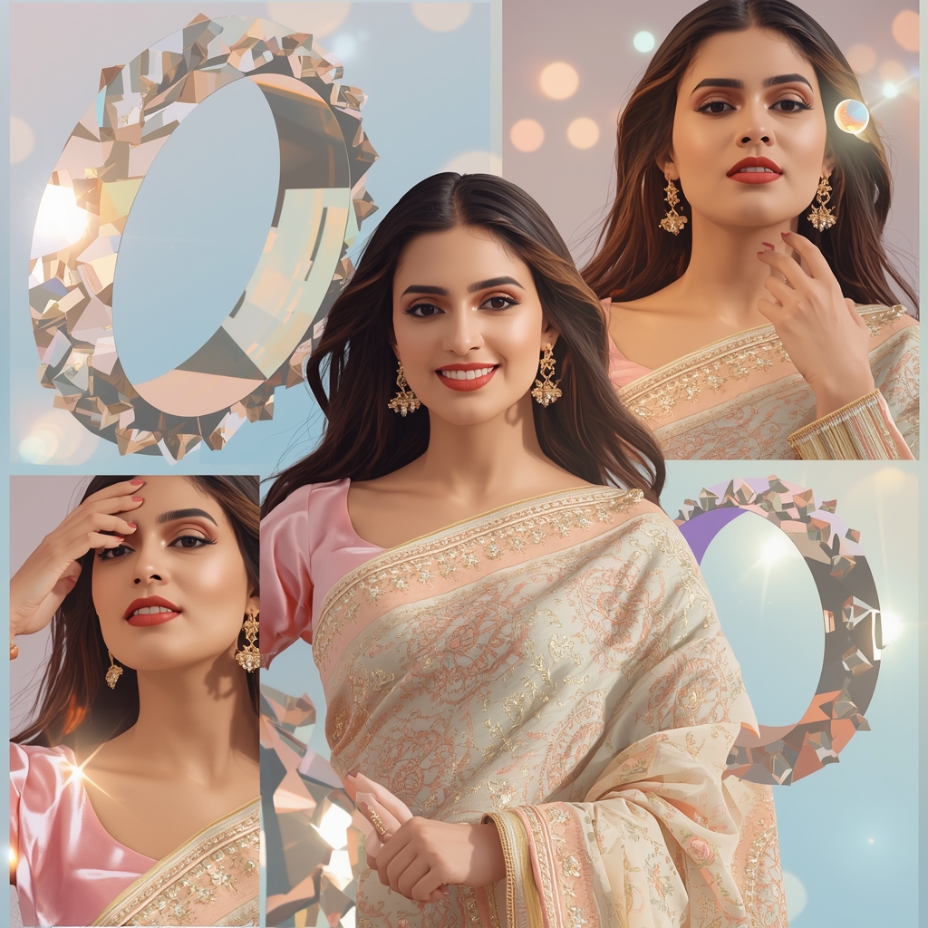 Festive Pastel Saree Crystal Orbit Ring Collage Luxury Cinematic | Saree Aesthetic Ai Prompt For Pinterest