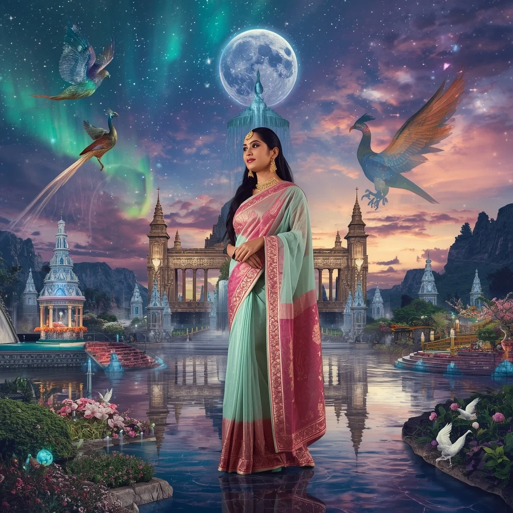Festive Pastel Saree Crystal Phoenix Celestial Palace Luxury Collage | Prompt For Girls Trending