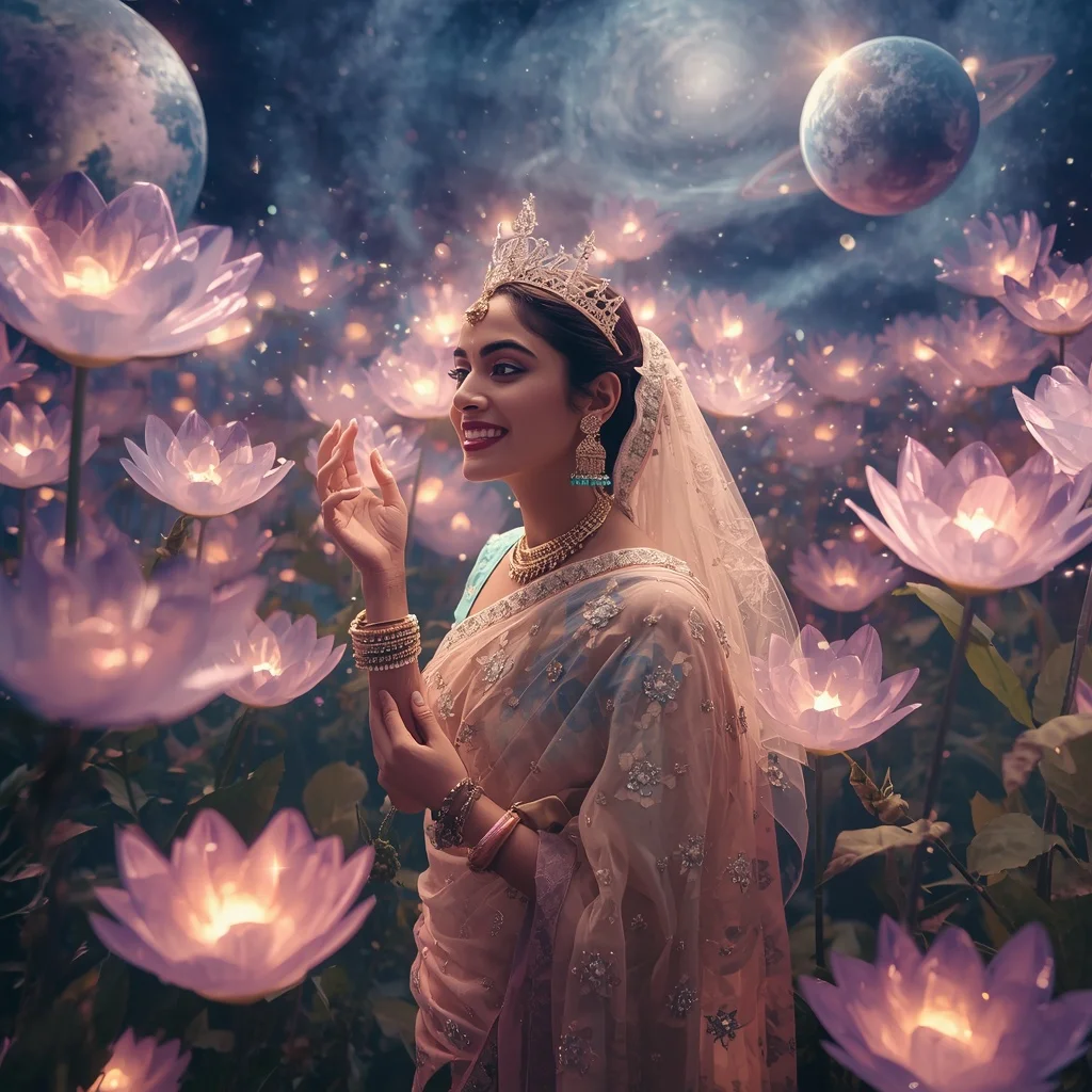 Festive Pastel Saree Crystal Planet Crown Garden Collage Premium | New Instagram Trend Prompt For Girl And Boy Aesthetic