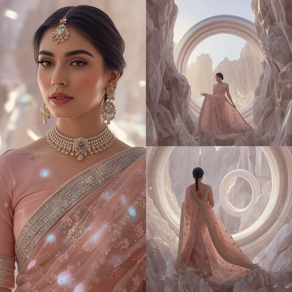 Festive Pastel Saree Crystal Planet Ring Canyon Collage | Ai Photo Editing Prompt