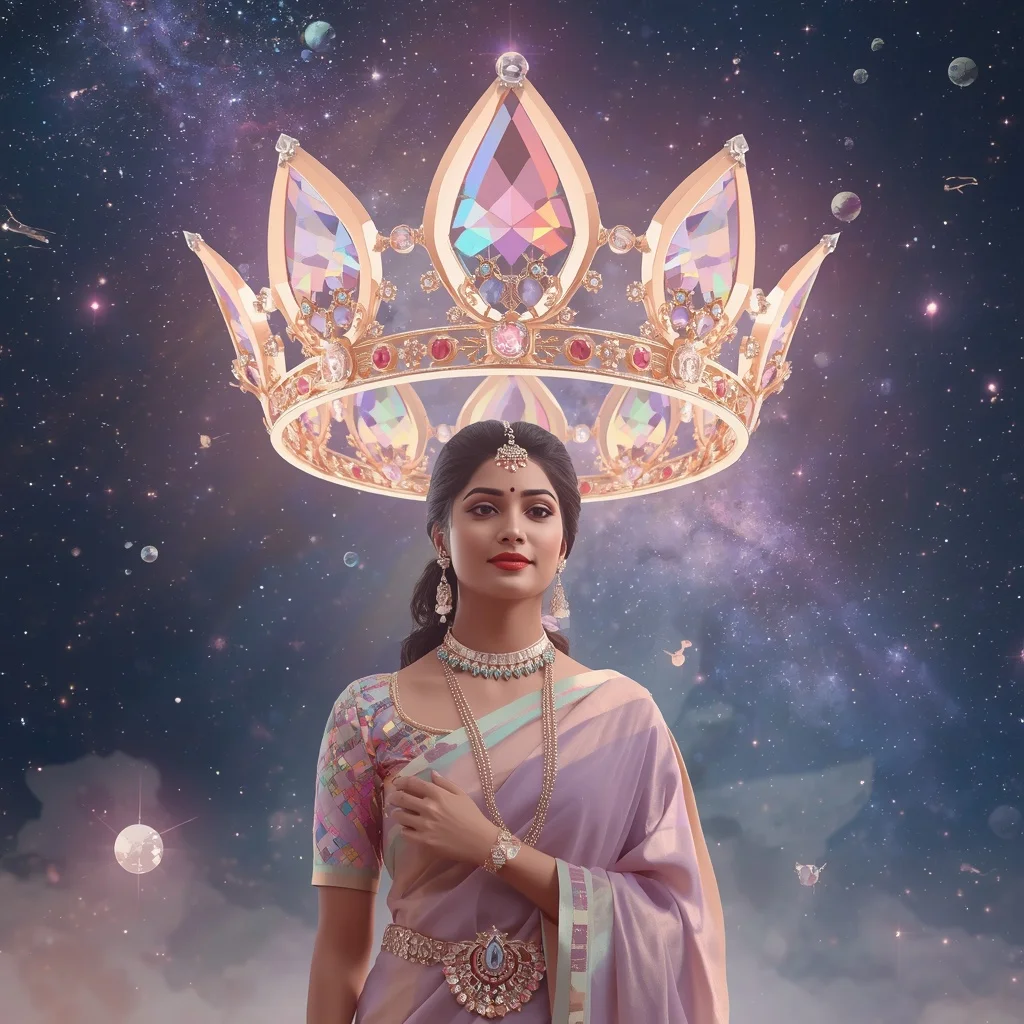 Festive Pastel Saree Crystal Rainbow Crown Galaxy Collage Premium | Style Ai Prompt