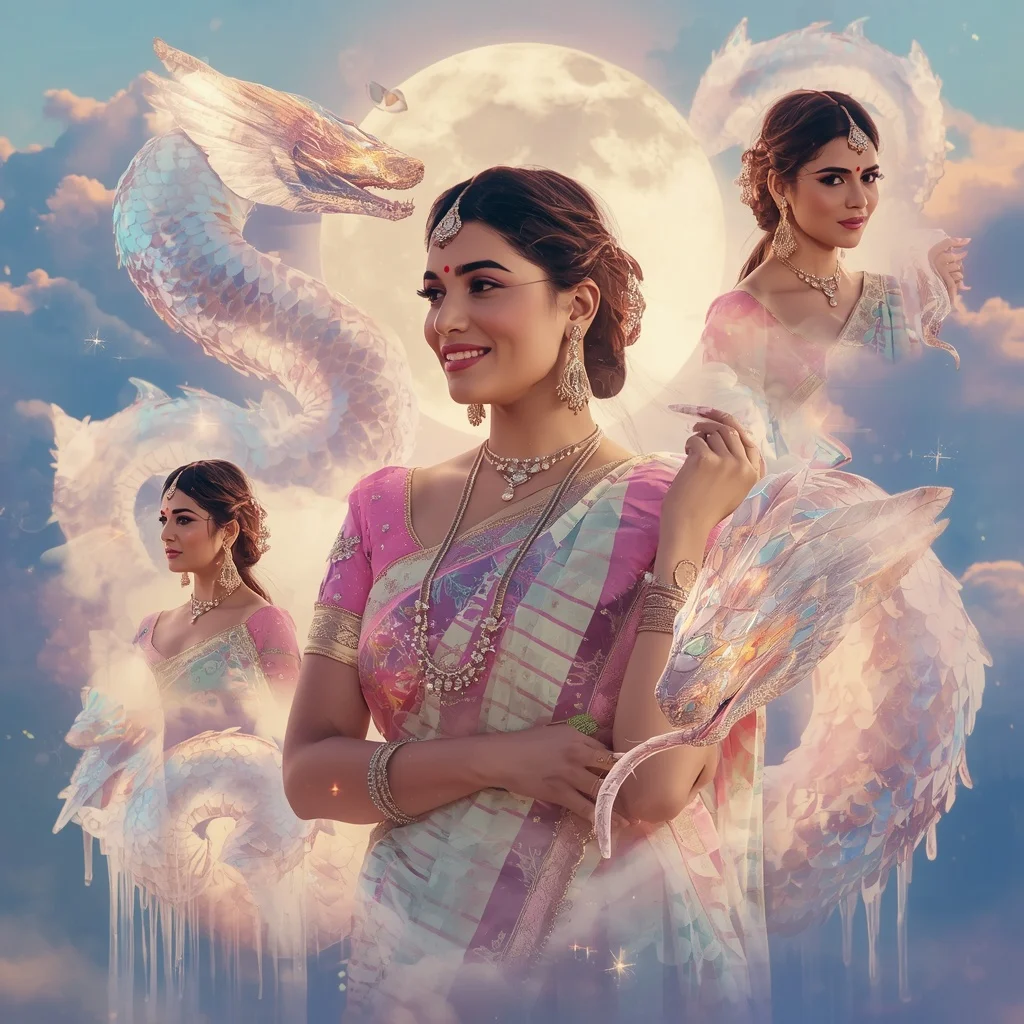 Festive Pastel Saree Crystal Serpent Aurora Kingdom Collage Premium | Ai Prompt For Reels