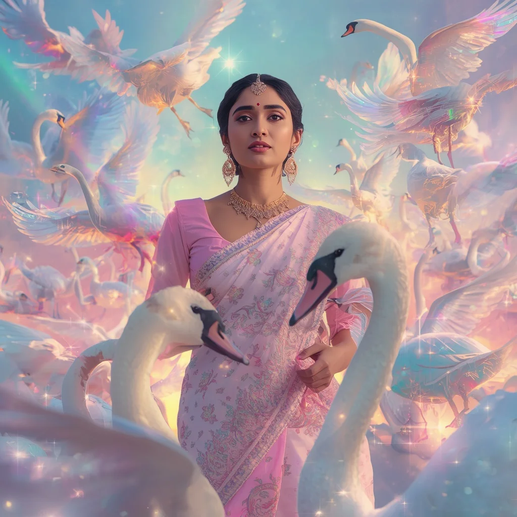 Festive Pastel Saree Crystal Swan Aurora Empire Collage Premium | Girl Prompt