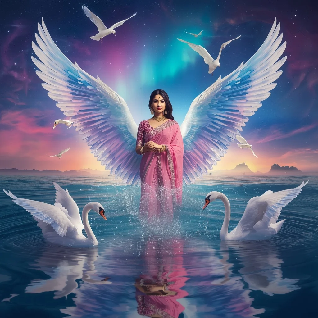 Festive Pastel Saree Crystal Swan Aurora Galaxy Tide Kingdom Collage Premium | Attitude Girl Prompt