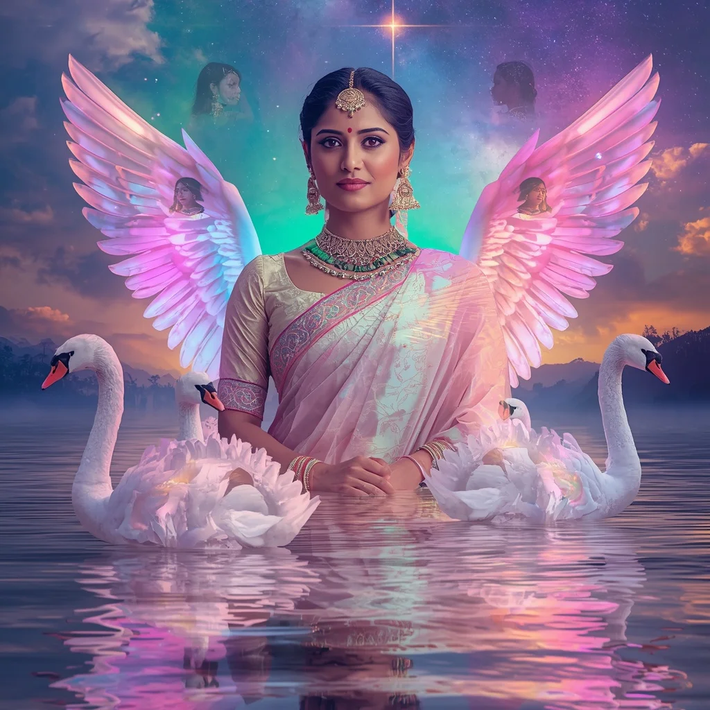 Festive Pastel Saree Crystal Swan Galaxy Aurora Lake Paradise Collage Premium | Trending Prompts For Instagram For Girl