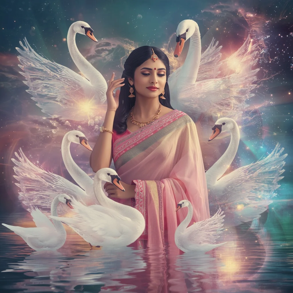 Festive Pastel Saree Crystal Swan Nebula Garden Collage Premium | Prompt For Traditional Look For Couple