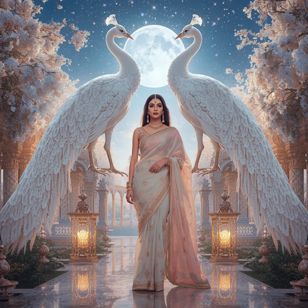 Festive Pastel Saree Crystal White Peacock Dynasty Luxury Collage | Gemini Ai Photo