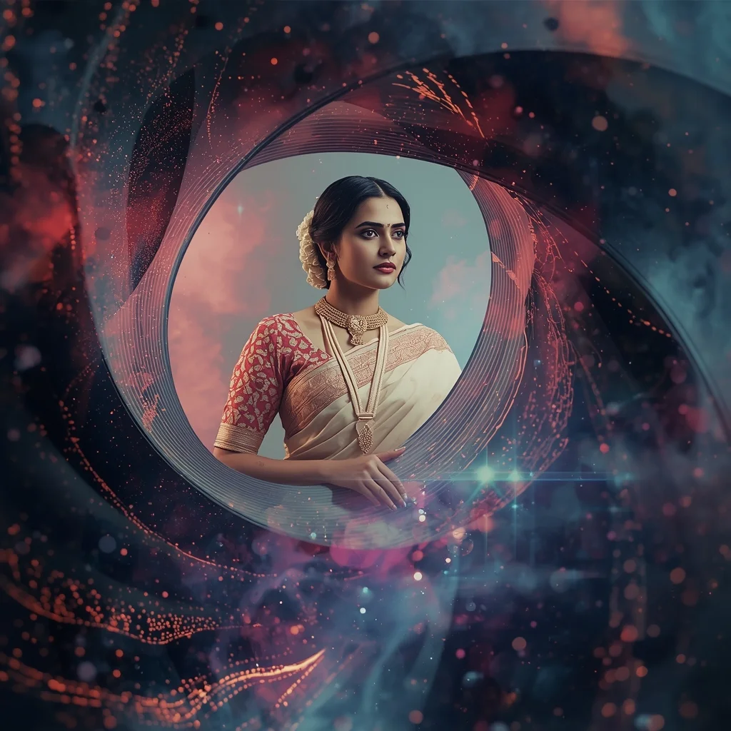 Festive Pastel Saree Dark Matter Flow Distortion Collage Premium Cinematic | Saree Prompt For Women In English
