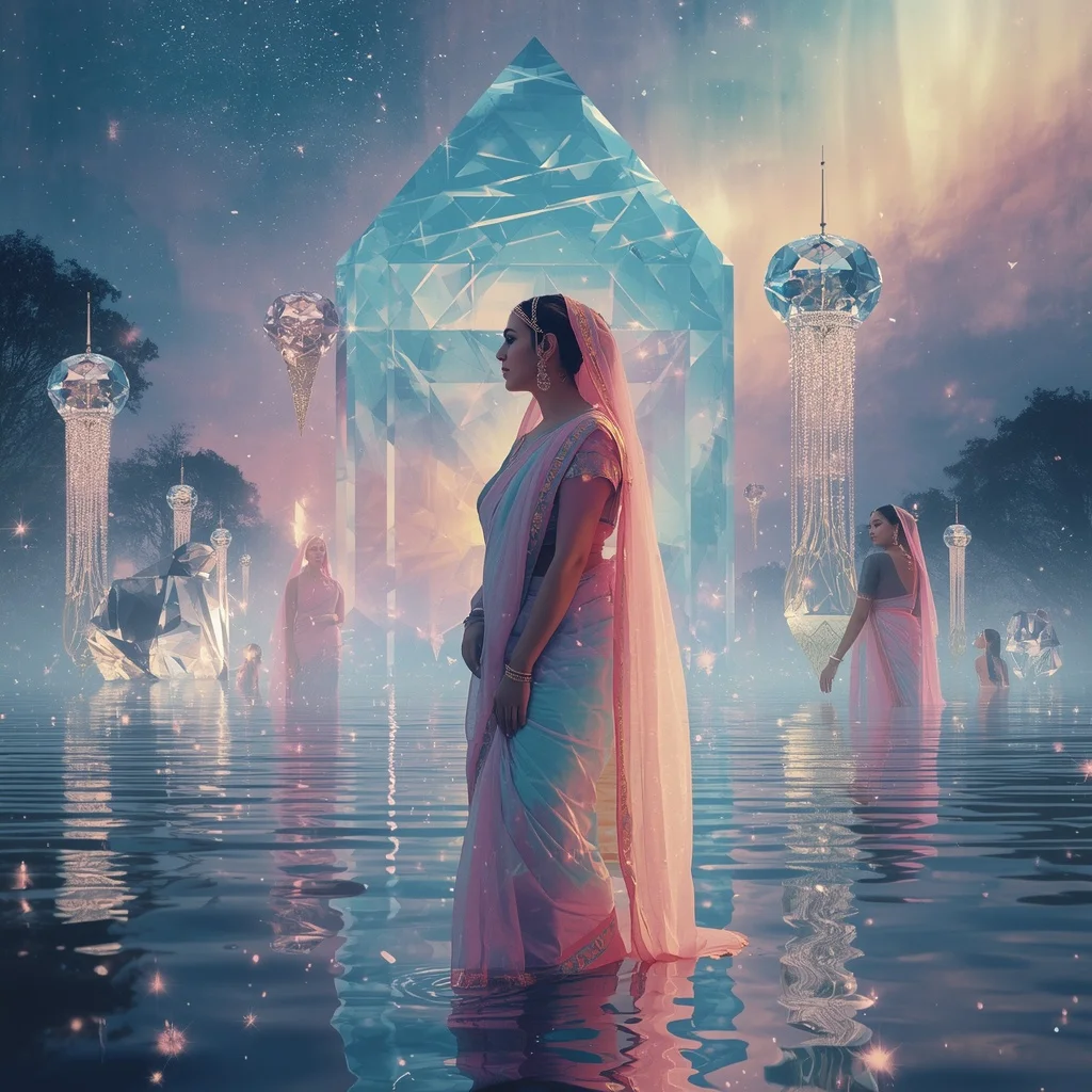 Festive Pastel Saree Diamond Aurora Crystal Lake Empire Luxury Collage | Flux Ai Prompt