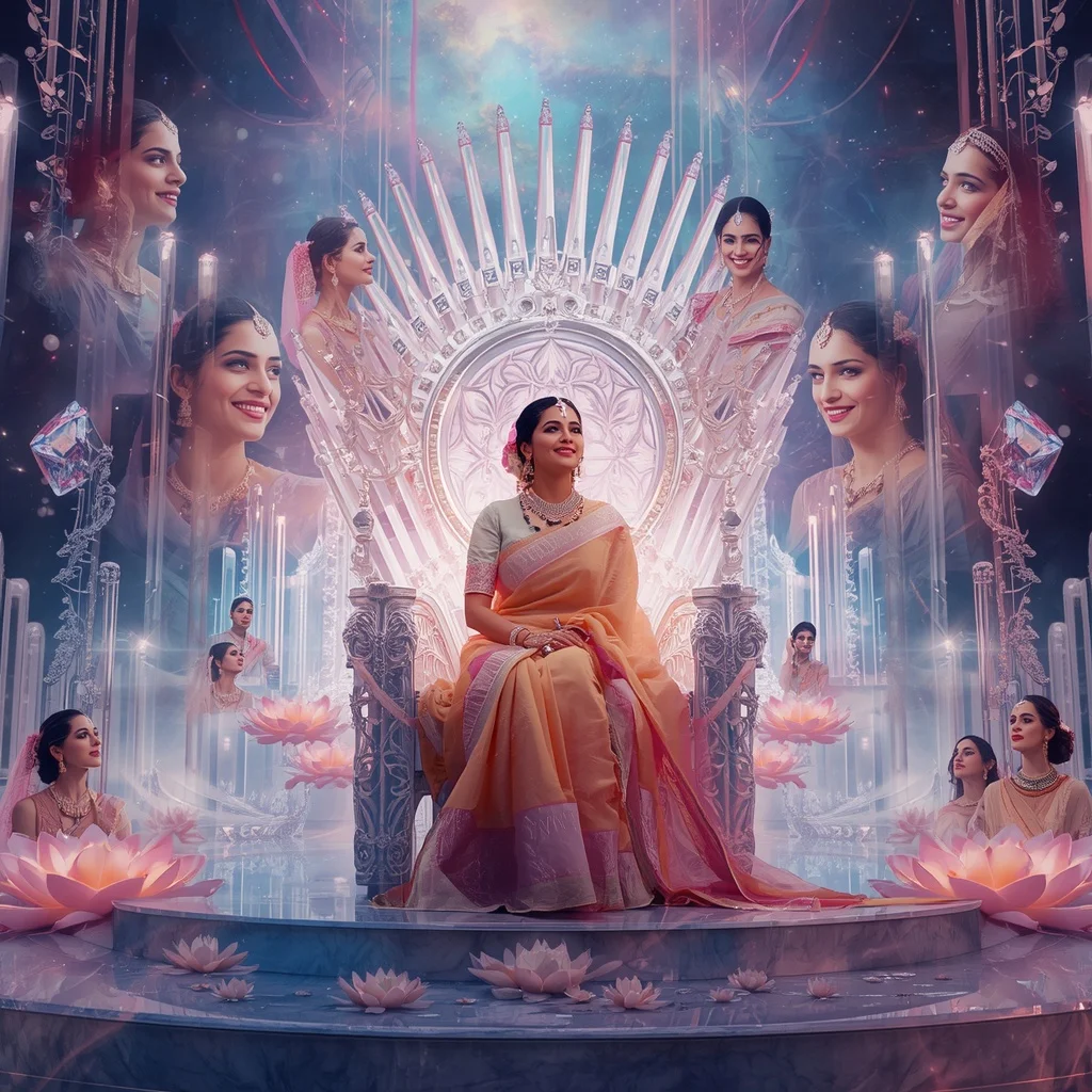 Festive Pastel Saree Diamond Aurora Infinity Throne Collage Premium | Gemini Photo Prompt