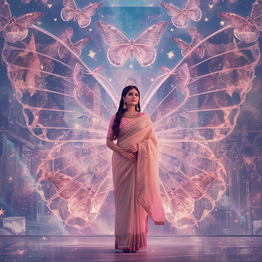 Festive Pastel Saree Diamond Butterfly Galaxy Empire Collage Premium | Editing Prompt Girl Aesthetic