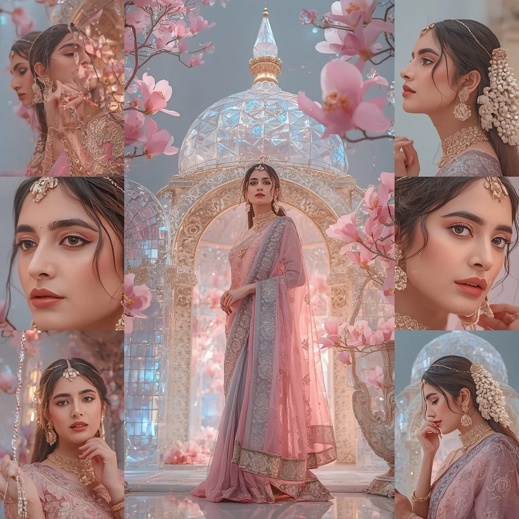 Festive Pastel Saree Diamond Celestial Magnolia Palace Collage Premium Cinematic Luxury | New Instagram Trend Prompt For Girl Copy And Paste
