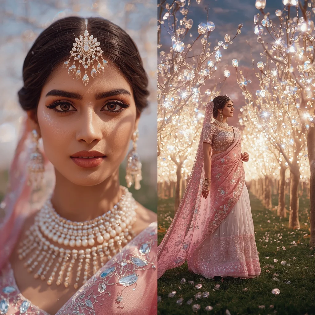 Festive Pastel Saree Diamond Crown Galaxy Orchard Collage | Prompt Seen Girl Kurti