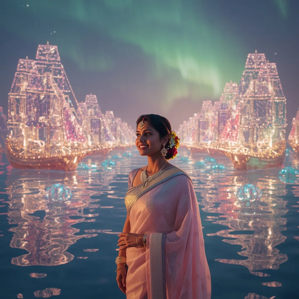 Festive Pastel Saree Diamond Crystal Aurora Harbor Collage Premium | Prompt Seen Trending Girl AI Photo