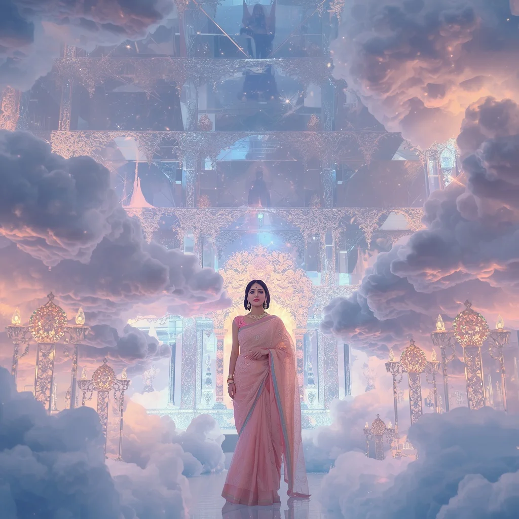 Festive Pastel Saree Diamond Crystal Cloud Palace Collage Premium | Prompt For Girl Photo Editing